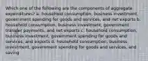 Which one of the following are the components of aggregate expenditures? a. household consumption, business investment, government spending for goods and services, and net exports b. household consumption, business investment, government transfer payments, and net exports c. household consumption, business investment, government spending for goods and services, and exports d. household consumption, business investment, government spending for goods and services, and saving