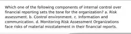 Which one of the following components of internal control over financial reporting sets the tone for the organization? a. Risk assessment. b. Control environment. c. Information and communication. d. Monitoring Risk Assessment Organizations face risks of material misstatement in their financial reports.