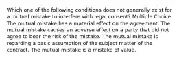 Which one of the following conditions does not generally exist for a mutual mistake to interfere with legal consent? Multiple Choice The mutual mistake has a material effect on the agreement. The mutual mistake causes an adverse effect on a party that did not agree to bear the risk of the mistake. The mutual mistake is regarding a basic assumption of the subject matter of the contract. The mutual mistake is a mistake of value.