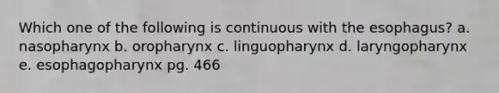 Which one of the following is continuous with <a href='https://www.questionai.com/knowledge/kSjVhaa9qF-the-esophagus' class='anchor-knowledge'>the esophagus</a>? a. nasopharynx b. oropharynx c. linguopharynx d. laryngopharynx e. esophagopharynx pg. 466