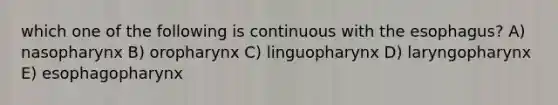 which one of the following is continuous with the esophagus? A) nasopharynx B) oropharynx C) linguopharynx D) laryngopharynx E) esophagopharynx