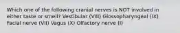 Which one of the following cranial nerves is NOT involved in either taste or smell? Vestibular (VIII) Glossopharyngeal (IX) Facial nerve (VII) Vagus (X) Olfactory nerve (I)