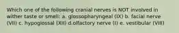 Which one of the following cranial nerves is NOT involved in wither taste or smell: a. glossopharyngeal (IX) b. facial nerve (VII) c. hypoglossal (XII) d.olfactory nerve (I) e. vestibular (VIII)