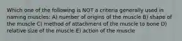 Which one of the following is NOT a criteria generally used in naming muscles: A) number of origins of the muscle B) shape of the muscle C) method of attachment of the muscle to bone D) relative size of the muscle E) action of the muscle