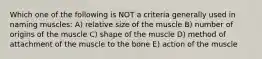 Which one of the following is NOT a criteria generally used in naming muscles: A) relative size of the muscle B) number of origins of the muscle C) shape of the muscle D) method of attachment of the muscle to the bone E) action of the muscle