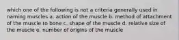 which one of the following is not a criteria generally used in naming muscles a. action of the muscle b. method of attachment of the muscle to bone c. shape of the muscle d. relative size of the muscle e. number of origins of the muscle