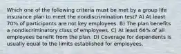 Which one of the following criteria must be met by a group life insurance plan to meet the nondiscrimination test? A) At least 70% of participants are not key employees. B) The plan benefits a nondiscriminatory class of employees. C) At least 66% of all employees benefit from the plan. D) Coverage for dependents is usually equal to the limits established for employees.