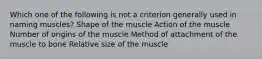 Which one of the following is not a criterion generally used in naming muscles? Shape of the muscle Action of the muscle Number of origins of the muscle Method of attachment of the muscle to bone Relative size of the muscle