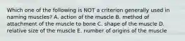 Which one of the following is NOT a criterion generally used in naming muscles? A. action of the muscle B. method of attachment of the muscle to bone C. shape of the muscle D. relative size of the muscle E. number of origins of the muscle