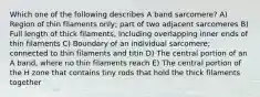 Which one of the following describes A band sarcomere? A) Region of thin filaments only; part of two adjacent sarcomeres B) Full length of thick filaments, including overlapping inner ends of thin filaments C) Boundary of an individual sarcomere; connected to thin filaments and titin D) The central portion of an A band, where no thin filaments reach E) The central portion of the H zone that contains tiny rods that hold the thick filaments together