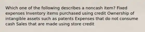 Which one of the following describes a noncash item? Fixed expenses Inventory items purchased using credit Ownership of intangible assets such as patents Expenses that do not consume cash Sales that are made using store credit