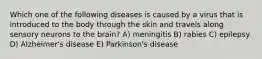 Which one of the following diseases is caused by a virus that is introduced to the body through the skin and travels along sensory neurons to the brain? A) meningitis B) rabies C) epilepsy D) Alzheimer's disease E) Parkinson's disease