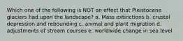 Which one of the following is NOT an effect that Pleistocene glaciers had upon the landscape? a. Mass extinctions b. crustal depression and rebounding c. animal and plant migration d. adjustments of stream courses e. worldwide change in sea level