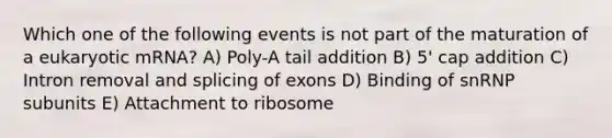 Which one of the following events is not part of the maturation of a eukaryotic mRNA? A) Poly-A tail addition B) 5' cap addition C) Intron removal and splicing of exons D) Binding of snRNP subunits E) Attachment to ribosome