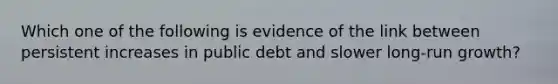 Which one of the following is evidence of the link between persistent increases in public debt and slower long-run growth?