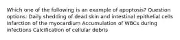 Which one of the following is an example of apoptosis? Question options: Daily shedding of dead skin and intestinal epithelial cells Infarction of the myocardium Accumulation of WBCs during infections Calcification of cellular debris