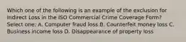 Which one of the following is an example of the exclusion for Indirect Loss in the ISO Commercial Crime Coverage Form? Select one: A. Computer fraud loss B. Counterfeit money loss C. Business income loss D. Disappearance of property loss