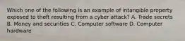 Which one of the following is an example of intangible property exposed to theft resulting from a cyber attack? A. Trade secrets B. Money and securities C. Computer software D. Computer hardware