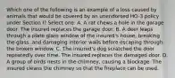 Which one of the following is an example of a loss caused by animals that would be covered by an unendorsed HO-3 policy under Section I? Select one: A. A rat chews a hole in the garage door. The insured replaces the garage door. B. A deer leaps through a plate glass window of the insured's house, breaking the glass, and damaging interior walls before escaping through the broken window. C. The insured's dog scratched the door repeatedly over time. The insured replaces the damaged door. D. A group of birds nests in the chimney, causing a blockage. The insured cleans the chimney so that the fireplace can be used.