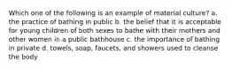 Which one of the following is an example of material culture? a. the practice of bathing in public b. the belief that it is acceptable for young children of both sexes to bathe with their mothers and other women in a public bathhouse c. the importance of bathing in private d. towels, soap, faucets, and showers used to cleanse the body