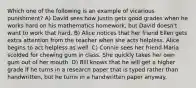 Which one of the following is an example of vicarious punishment? A) David sees how Justin gets good grades when he works hard on his mathematics homework, but David doesn't want to work that hard. B) Alice notices that her friend Ellen gets extra attention from the teacher when she acts helpless. Alice begins to act helpless as well. C) Connie sees her friend Maria scolded for chewing gum in class. She quickly takes her own gum out of her mouth. D) Bill knows that he will get a higher grade if he turns in a research paper that is typed rather than handwritten, but he turns in a handwritten paper anyway.