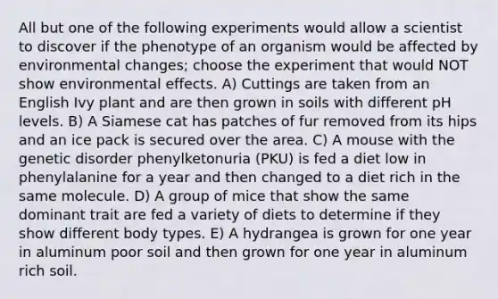 All but one of the following experiments would allow a scientist to discover if the phenotype of an organism would be affected by environmental changes; choose the experiment that would NOT show environmental effects. A) Cuttings are taken from an English Ivy plant and are then grown in soils with different pH levels. B) A Siamese cat has patches of fur removed from its hips and an ice pack is secured over the area. C) A mouse with the genetic disorder phenylketonuria (PKU) is fed a diet low in phenylalanine for a year and then changed to a diet rich in the same molecule. D) A group of mice that show the same dominant trait are fed a variety of diets to determine if they show different body types. E) A hydrangea is grown for one year in aluminum poor soil and then grown for one year in aluminum rich soil.