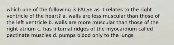 which one of the following is FALSE as it relates to the right ventricle of the heart? a. walls are less muscular than those of the left ventricle b. walls are more muscular than those of the right atrium c. has internal ridges of the myocardium called pectinate muscles d. pumps blood only to the lungs