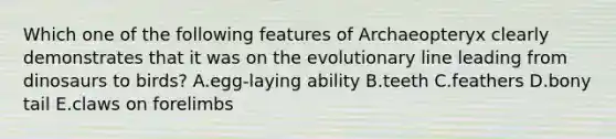 Which one of the following features of Archaeopteryx clearly demonstrates that it was on the evolutionary line leading from dinosaurs to birds? A.egg-laying ability B.teeth C.feathers D.bony tail E.claws on forelimbs