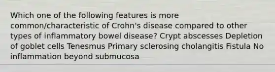 Which one of the following features is more common/characteristic of Crohn's disease compared to other types of inflammatory bowel disease? Crypt abscesses Depletion of goblet cells Tenesmus Primary sclerosing cholangitis Fistula No inflammation beyond submucosa