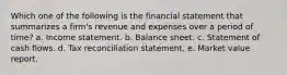 Which one of the following is the financial statement that summarizes a firm's revenue and expenses over a period of time? a. Income statement. b. Balance sheet. c. Statement of cash flows. d. Tax reconciliation statement. e. Market value report.