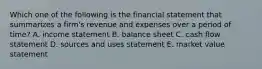 Which one of the following is the financial statement that summarizes a firm's revenue and expenses over a period of time? A. income statement B. balance sheet C. cash flow statement D. sources and uses statement E. market value statement