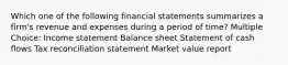 Which one of the following financial statements summarizes a firm's revenue and expenses during a period of time? Multiple Choice: Income statement Balance sheet Statement of cash flows Tax reconciliation statement Market value report