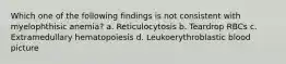 Which one of the following findings is not consistent with myelophthisic anemia? a. Reticulocytosis b. Teardrop RBCs c. Extramedullary hematopoiesis d. Leukoerythroblastic blood picture