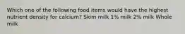 Which one of the following food items would have the highest nutrient density for calcium? Skim milk 1% milk 2% milk Whole milk