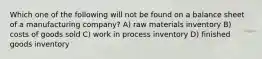 Which one of the following will not be found on a balance sheet of a manufacturing company? A) raw materials inventory B) costs of goods sold C) work in process inventory D) finished goods inventory