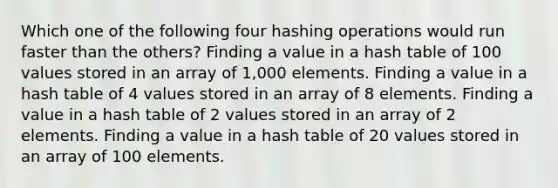 Which one of the following four hashing operations would run faster than the others? Finding a value in a hash table of 100 values stored in an array of 1,000 elements. Finding a value in a hash table of 4 values stored in an array of 8 elements. Finding a value in a hash table of 2 values stored in an array of 2 elements. Finding a value in a hash table of 20 values stored in an array of 100 elements.