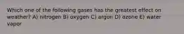 Which one of the following gases has the greatest effect on weather? A) nitrogen B) oxygen C) argon D) ozone E) water vapor