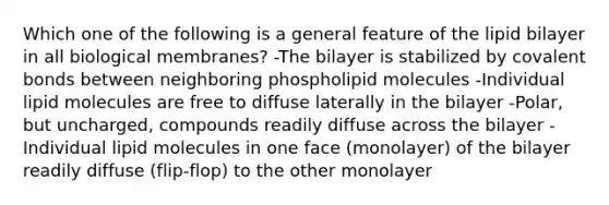 Which one of the following is a general feature of the lipid bilayer in all biological membranes? -The bilayer is stabilized by covalent bonds between neighboring phospholipid molecules -Individual lipid molecules are free to diffuse laterally in the bilayer -Polar, but uncharged, compounds readily diffuse across the bilayer -Individual lipid molecules in one face (monolayer) of the bilayer readily diffuse (flip-flop) to the other monolayer