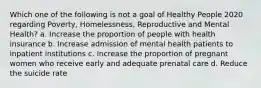 Which one of the following is not a goal of Healthy People 2020 regarding Poverty, Homelessness, Reproductive and Mental Health? a. Increase the proportion of people with health insurance b. Increase admission of mental health patients to inpatient institutions c. Increase the proportion of pregnant women who receive early and adequate prenatal care d. Reduce the suicide rate