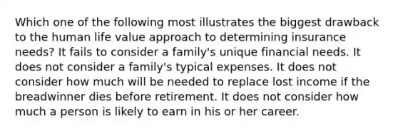 Which one of the following most illustrates the biggest drawback to the human life value approach to determining insurance needs? It fails to consider a family's unique financial needs. It does not consider a family's typical expenses. It does not consider how much will be needed to replace lost income if the breadwinner dies before retirement. It does not consider how much a person is likely to earn in his or her career.