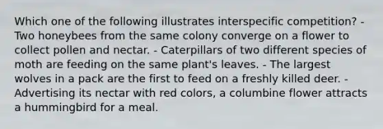 Which one of the following illustrates interspecific competition? - Two honeybees from the same colony converge on a flower to collect pollen and nectar. - Caterpillars of two different species of moth are feeding on the same plant's leaves. - The largest wolves in a pack are the first to feed on a freshly killed deer. - Advertising its nectar with red colors, a columbine flower attracts a hummingbird for a meal.