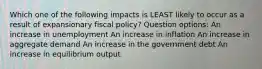 Which one of the following impacts is LEAST likely to occur as a result of expansionary fiscal policy? Question options: An increase in unemployment An increase in inflation An increase in aggregate demand An increase in the government debt An increase in equilibrium output