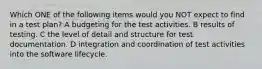 Which ONE of the following items would you NOT expect to find in a test plan? A budgeting for the test activities. B results of testing. C the level of detail and structure for test documentation. D integration and coordination of test activities into the software lifecycle.