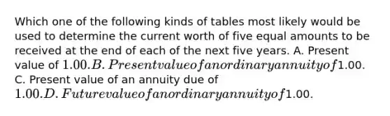 Which one of the following kinds of tables most likely would be used to determine the current worth of five equal amounts to be received at the end of each of the next five years. A. Present value of 1.00. B. Present value of an ordinary annuity of1.00. C. Present value of an annuity due of 1.00. D. Future value of an ordinary annuity of1.00.