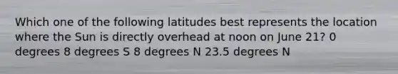 Which one of the following latitudes best represents the location where the Sun is directly overhead at noon on June 21? 0 degrees 8 degrees S 8 degrees N 23.5 degrees N