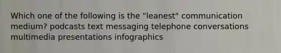 Which one of the following is the "leanest" communication medium? podcasts text messaging telephone conversations multimedia presentations infographics