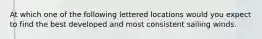 At which one of the following lettered locations would you expect to find the best developed and most consistent sailing winds.