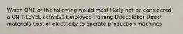 Which ONE of the following would most likely not be considered a UNIT-LEVEL activity? Employee training Direct labor Direct materials Cost of electricity to operate production machines