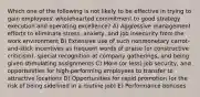 Which one of the following is not likely to be effective in trying to gain employees' wholehearted commitment to good strategy execution and operating excellence? A) Aggressive management efforts to eliminate stress, anxiety, and job insecurity from the work environment B) Extensive use of such nonmonetary carrot-and-stick incentives as frequent words of praise (or constructive criticism), special recognition at company gatherings, and being given stimulating assignments C) More (or less) job security, and opportunities for high-performing employees to transfer to attractive locations D) Opportunities for rapid promotion (or the risk of being sidelined in a routine job) E) Performance bonuses