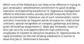 Which one of the following is not likely to be effective in trying to gain employees' wholehearted commitment to good strategy execution and operating excellence? A. Aggressive management efforts to eliminate stress, anxiety and job insecurity from the work environment B. Extensive use of such nonmonetary carrot-and-stick incentives as frequent words of praise (or constructive criticism), special recognition at company gatherings and being given stimulating assignments C. Base pay increases, more (or less) job security and opportunities for high-performing employees to transfer to attractive locations D. Opportunities for rapid promotion (or the risk of being sidelined in a routine or dead-end job) E. Performance bonuses